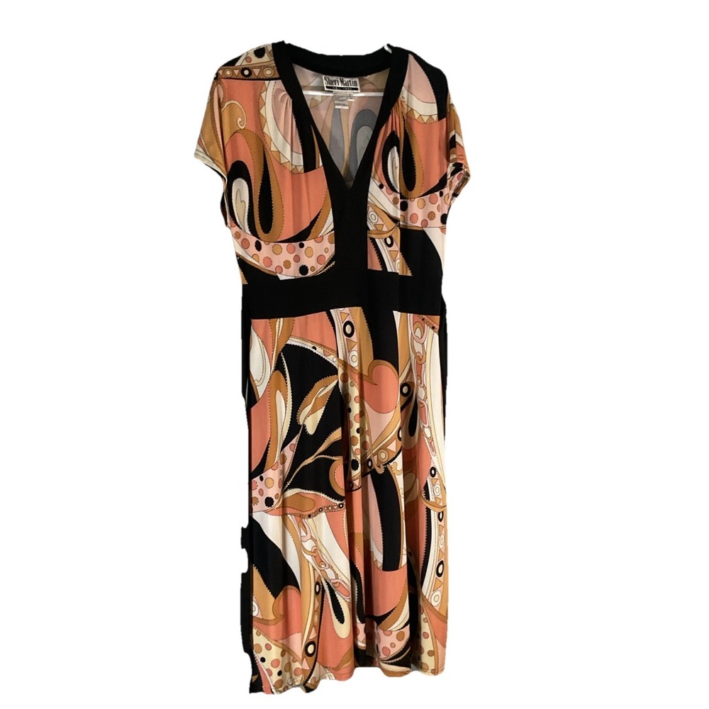 Sheri Martin Women Dress Size 12 Abstract Print w/Black Trim & Tie Belt F87